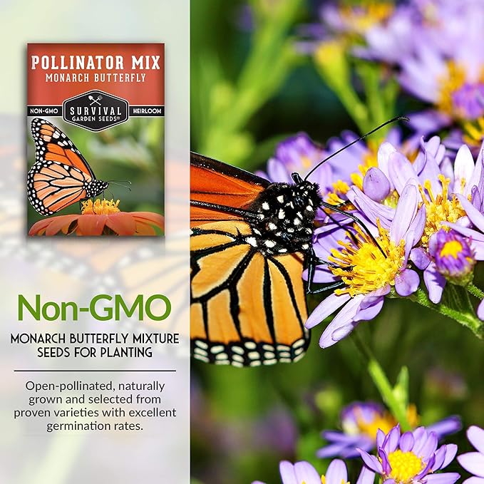 Pollinator Seed Mixture to Attract Monarch Butterflies, Bees & Pollinators - 2 Packets - Milkweed, Garden Flower, & Wildflower Mix for Planting - Support Conservation Efforts - Survival Garden Seeds