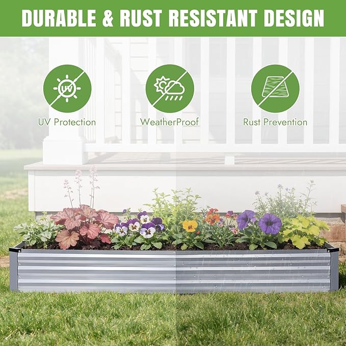 INNO STAGE Galvanized Raised Garden Bed Kits, 8x2x1ft Metal Raised Garden Beds Outdoor, Large Steel Raised Planter Bed with Gloves for Vegetables & Flowers Patio Ground Planter Box(Silver, 2PCS)