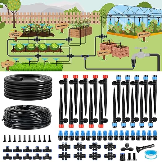 240FT Drip Irrigation System Kit Quick-Connect, Automatic Garden Watering System for Raised Garden Beds, Greenhouse, Yard, Lawn, Plant with 1/2 inch Hose 1/4 inch Distribution Tubing and Accessories