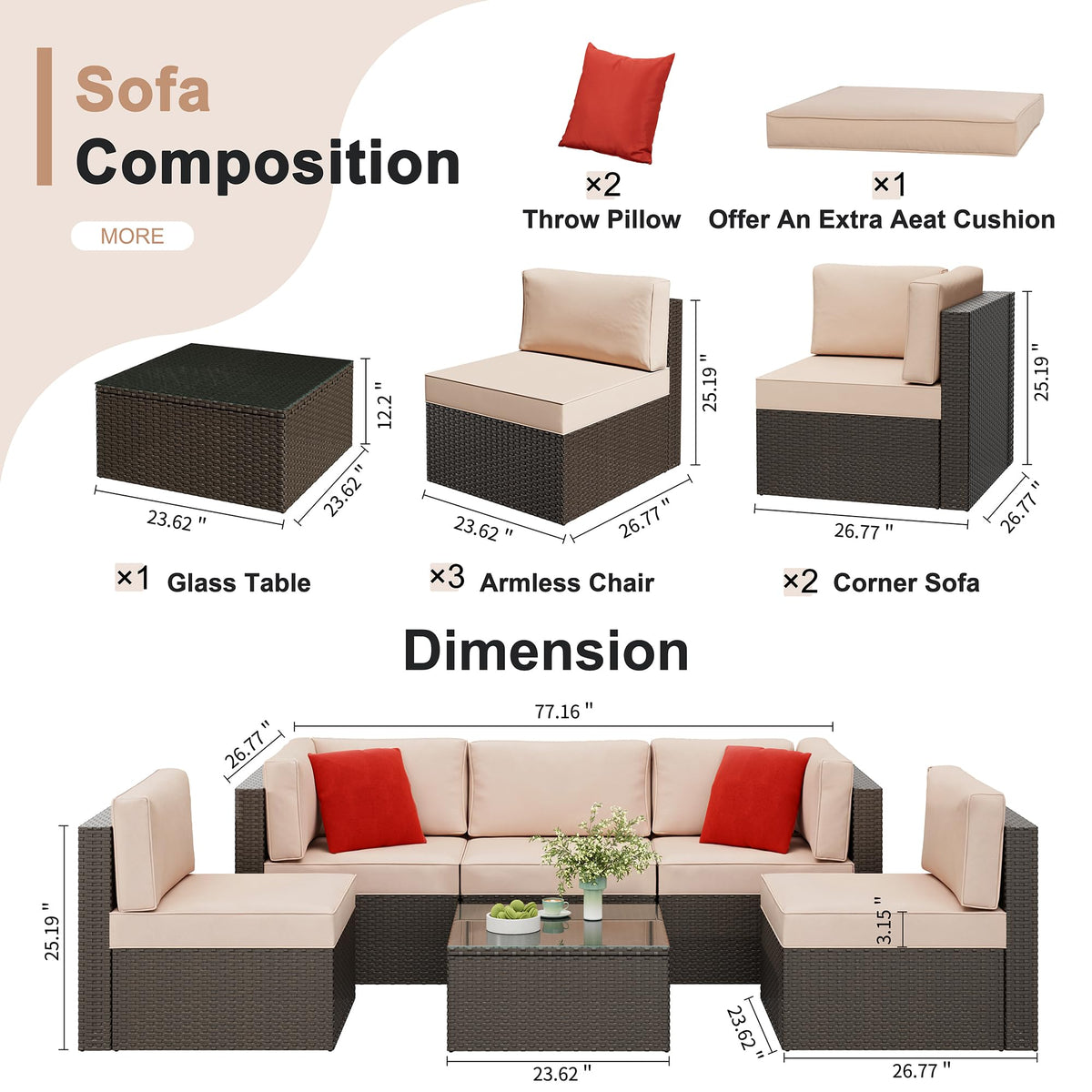 6 Pieces Patio Furniture Set Outdoor Couch Wicker Sectional Sofa (Beige / 6 pcs)