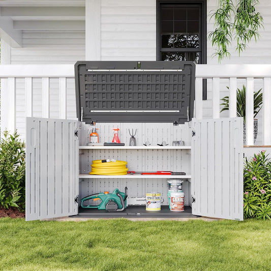 Aoxun White Outdoor Storage Cabinet with 2 Shelves, 35 Cu.Ft Trash Can Storage Shed, Waterproof, Horizontal Storage for Garbage Bin, Generator, Lawn Mower