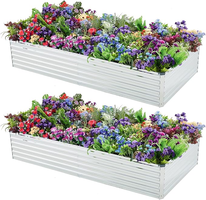 2 Pack 8x4x1FT Galvanized Raised Garden Beds Kit Outdoor Metal Gardening Planter Box for Vegetable Elevated Flower Herbs,Silver