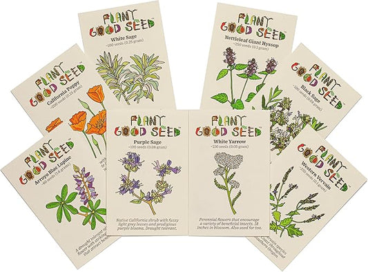 Plant Good Seed California Natives Seeds for Planting - 8 Packet Collection - Sage, Yarrow, Nettle, Poppy, Lupine, Mugwort, Hyssop - Wildflower Variety Pack