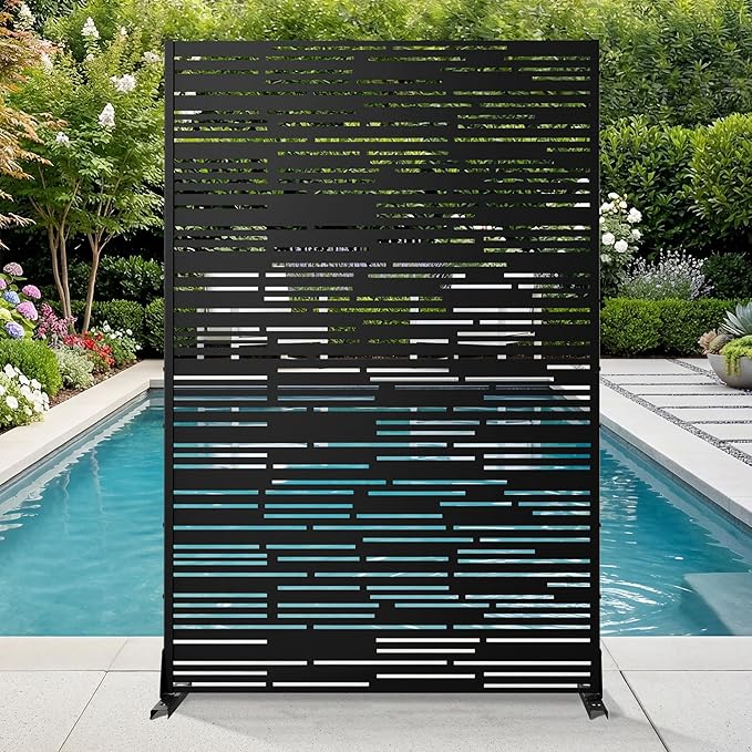71" H×47" W Privacy Screen for Outdoor & Indoor Use, Freestanding Privacy Fences for Patio Deck Pool, Metal Privacy Screen Panels for Garden Decor (Black Shine, 3 Panels)