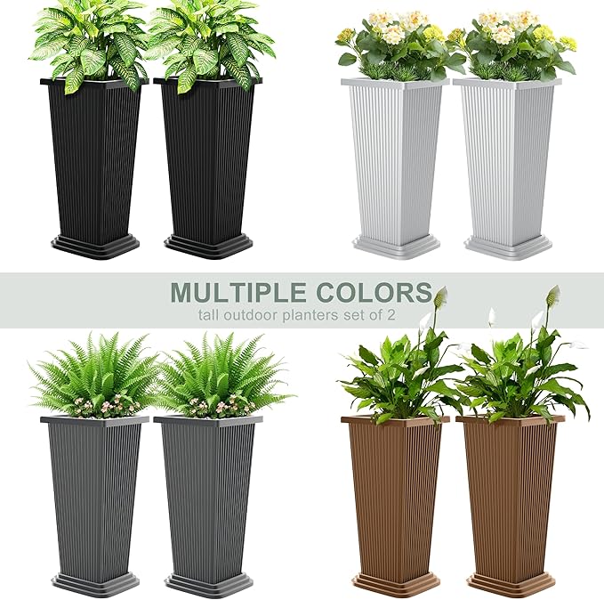 Set of 2 Tall Outdoor Planters with Drainage Tray, 24 Inch Large Flower Pots for Indoor Plants, Front Porch Tall Planter, Weather-Resistant (Gray Ribbed)