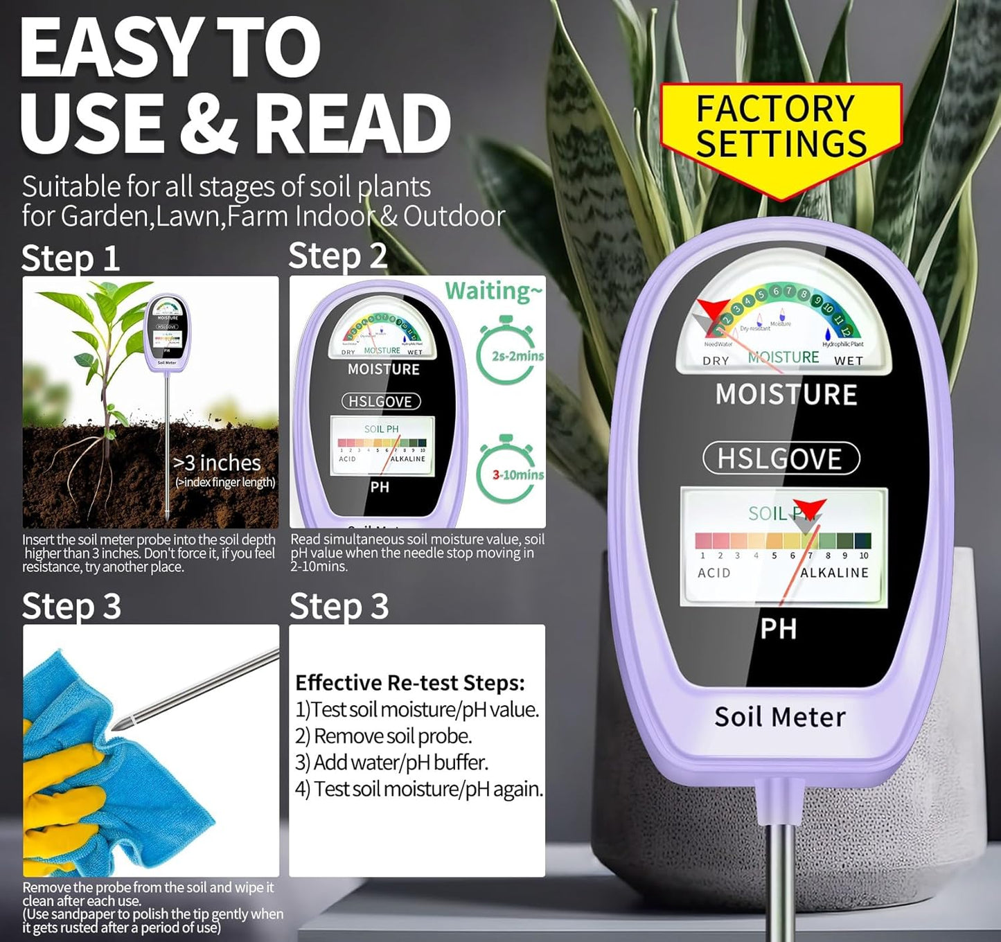 HSLGOVE Soil Test Kit, 2-in-1 Soil Moisture Meter/Soil PH Meter, Dual Screen Soil Tester, Soil Moisture Meter for Plants Watering/Gardening for Lawn,Farm Indoor&Outdoor Use-AgatePurple
