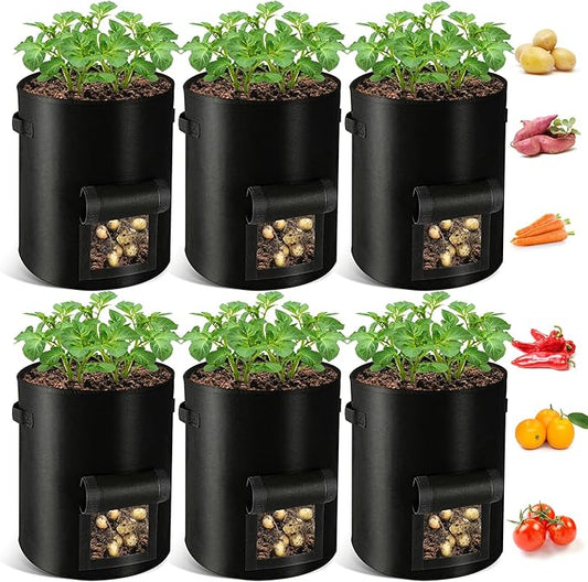 REMIAWY Potato Grow Bags, 10 Gallon 6 Pack Potato Bags for Growing Potatoes with Flap Harvest Window and Handle, Potato Planter Thickened Nonwoven Fabric Pots for Tomatoes Carrots Vegetables Fruits
