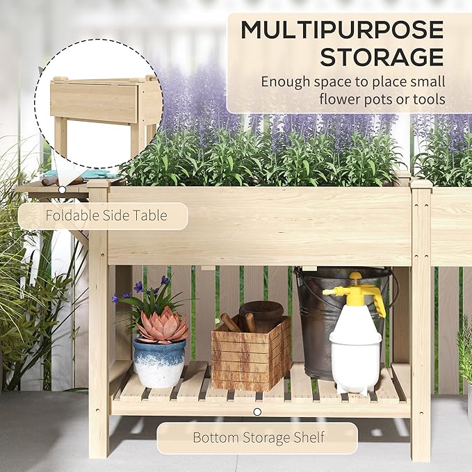 Outsunny Raised Garden Bed, Wood Elevated Planter Box with Side Table, Bottom Shelf, Outdoor Raised Planter with Bed Liners, Drainage Holes for Vegetable Flower, 81.5 x 23 x 31 in, Natural