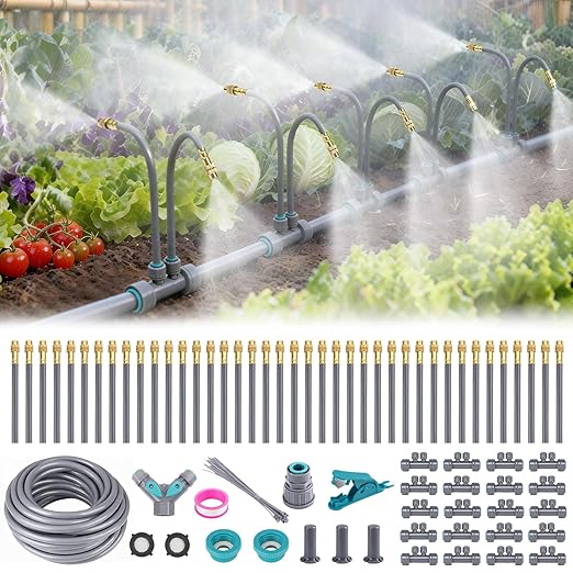66 FT Drip Irrigation System - Double-Head 360° Adjustable Garden Watering System with 40 Spray Nozzles, Garden Atomizing Misting System & Irrigation System for Garden, Greenhouse, Yard, Lawn, Plants