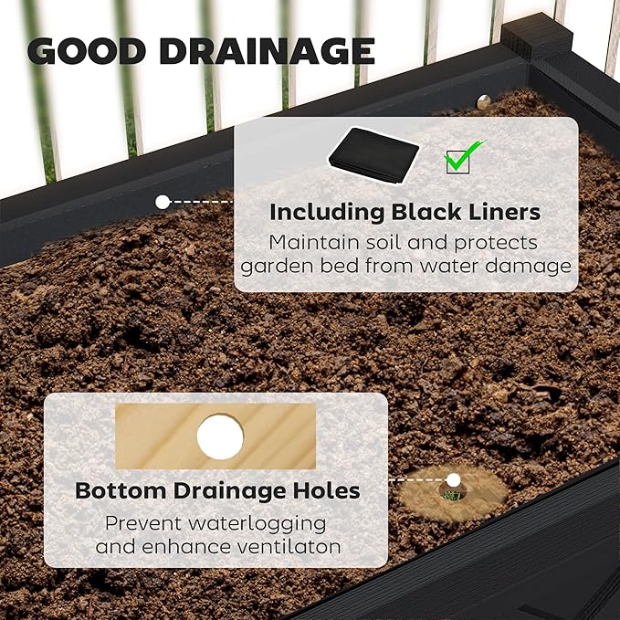 Outsunny Raised Garden Bed, Elevated Wood Planter Box with Storage Shelf, Drainage Holes and Liner for Backyard, Patio, Balcony, 47 x 22 x 31.5 in, Black