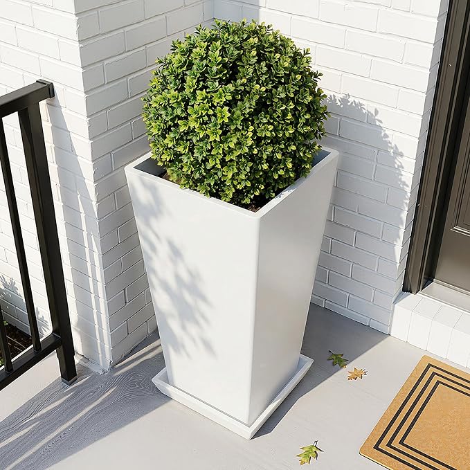 24" Tall White Planters for Outdoor Plants Set of 2, Large Flower Pots Planters with Drainage Holes & Tray, Modern Indoor Tapered Tall Planter for Front Porch