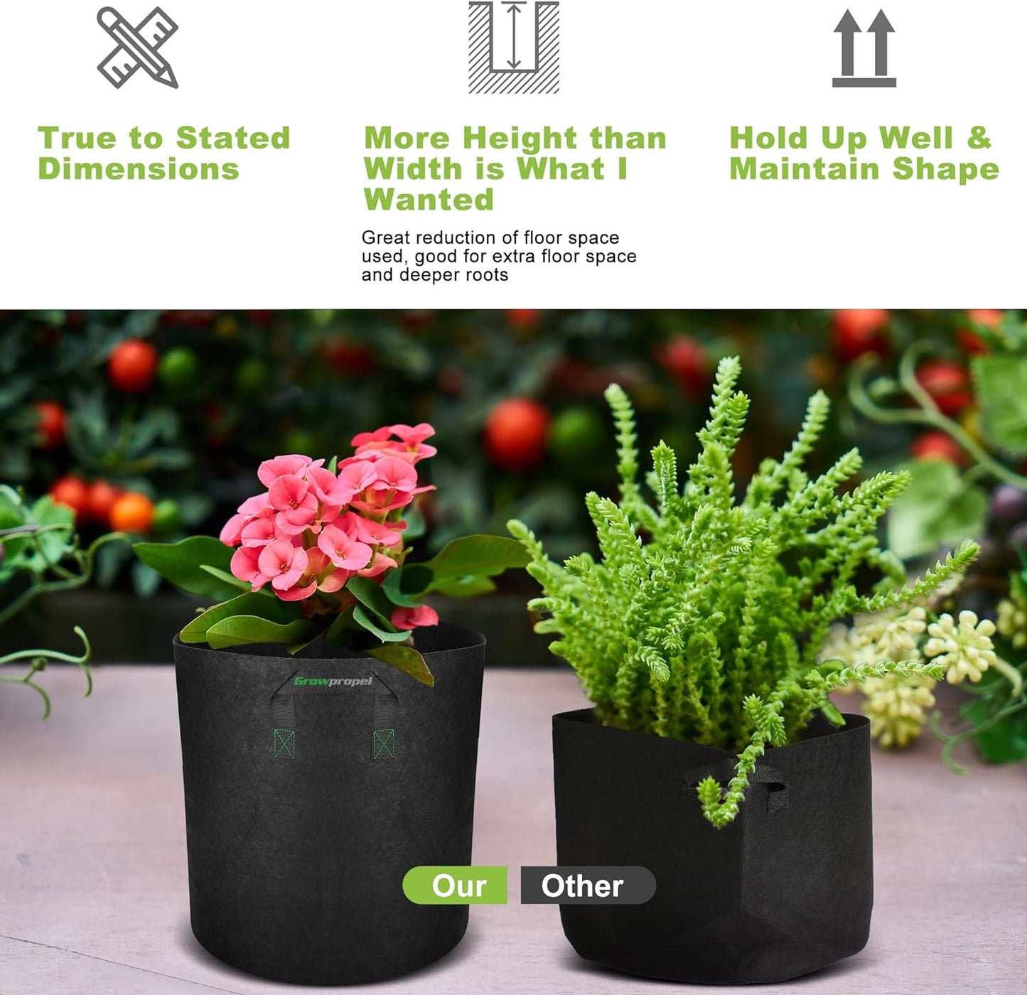 3 US Gallon 8 Pack Tall Grow Bags for Vegetables, Heavy Duty Nonwoven Aeration Fabric Deep Grow Pots with Handles