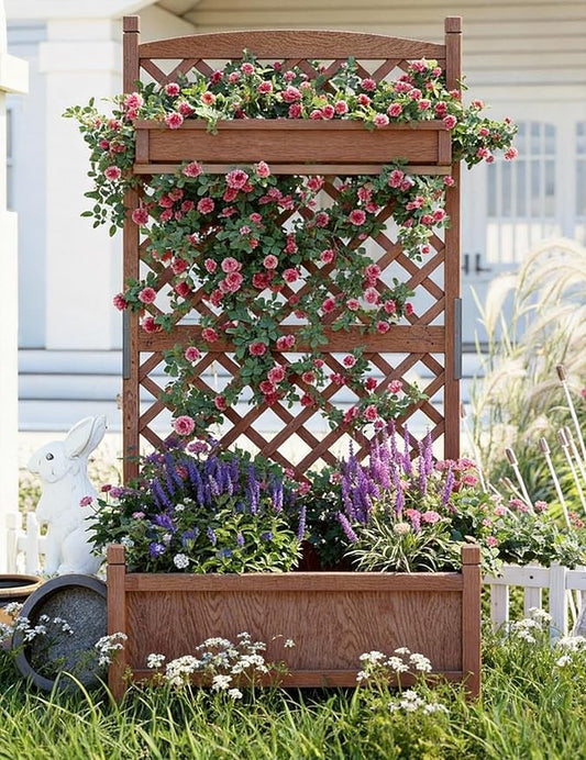 60 Inch Movable Raised Garden Bed with Trellis and Wheels, Wooden Freestanding Planter Box for Climbing Plants, Vegetables, Flowers, Outdoor & Indoor, Natural Fir Wood