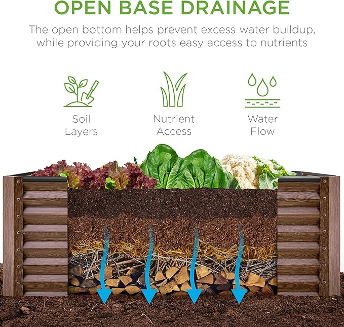Best Choice Products 4x2x2ft Outdoor Metal Raised Garden Bed, Deep Root Box Planter for Vegetables, Flowers, Herbs, 119 Gallon Capacity, 100% Non Toxic Materials - Dark Brown Wood Grain