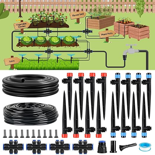 100FT Drip Irrigation System Kit, Automatic Garden Watering System Quick-Connect Adjustable Sprinklers for Raised Garden Beds, Greenhouse, Yard, Lawn, Plant with 1/2" & 1/4" Tubing and Accessories
