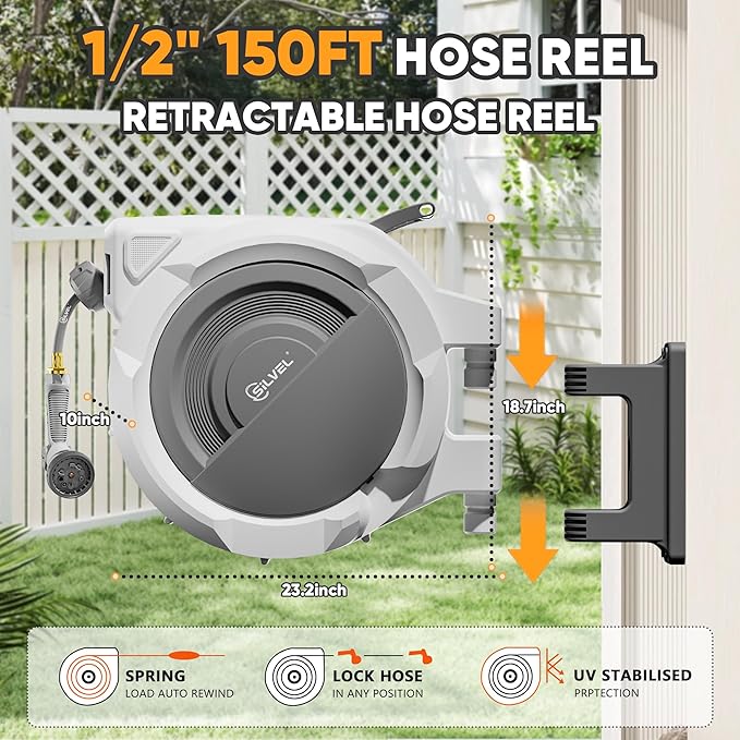 Retractable Garden Hose Reel, 1/2" x 150FT Heavy Duty Auto Hose Reel Wall Mounted, Upgraded UV Resistant with 10 Pattern Nozzle, Any Length Lock & Slow Return System,180°Swivel Bracket,Light Grey