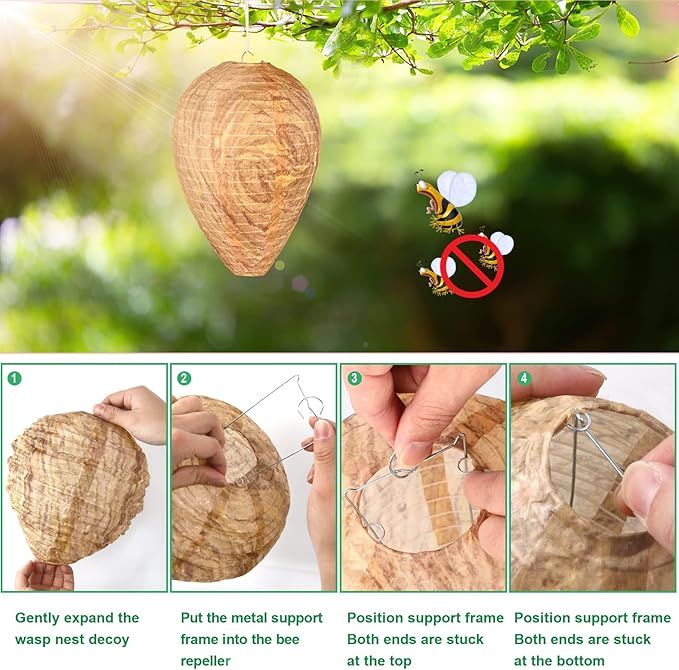 DECYOOL 4 Pack Wasp Nest Decoy Hanging Wasp for Wasps Hornets Yellow Jackets Outdoor Waterproof Material (Dark Brown)