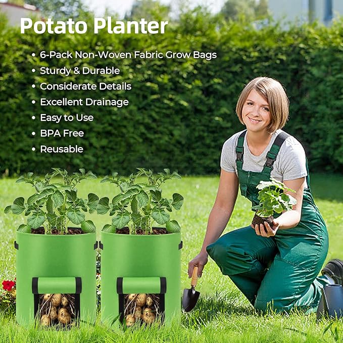 6 Pack Potato Grow Bags, 10 Gallon Planting Bags Large Fabric Pots with Flap Window Vegetable Planter Garden Pot Tall Potato Growing Containers with Handles for Vegetables, Fruits and More, Green