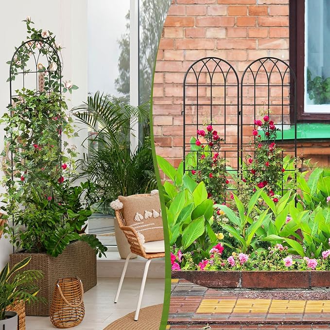 4 Pack Metal Garden Trellis for Climbing Plants, Black Metal Garden Trellis for Vines Plant Rose Vegetable Support,Large Decorative Outdoor Trellis