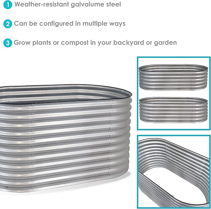 Sunnydaze 62.5-Inch Oval Raised Garden Bed Outdoor - Modular Raised Garden Bed with Rubber Edge Trim - Silver