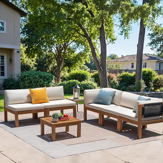 Greesum 6 Pieces Small Patio Sofa, Acacia Wood Frame, Padded Patio Conversation and Chairs Set for Garden, Backyard, Poolside, Beige
