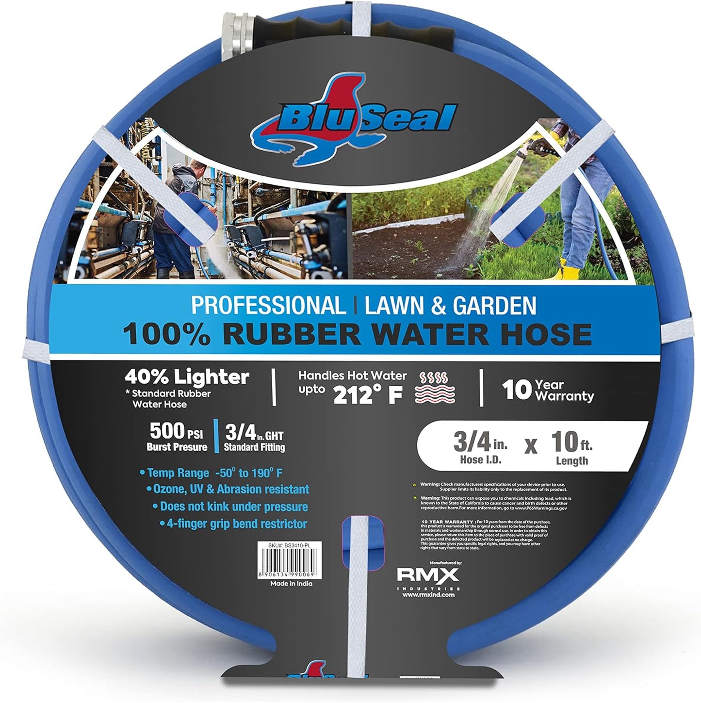 BluSeal Hot/Cold Water Rubber Garden Hose, 100% Rubber, Ultra-Light, Super Strong, 500 PSI, 50F to 190F Degrees, High Strength Polyester Braided (3/4" x 10')