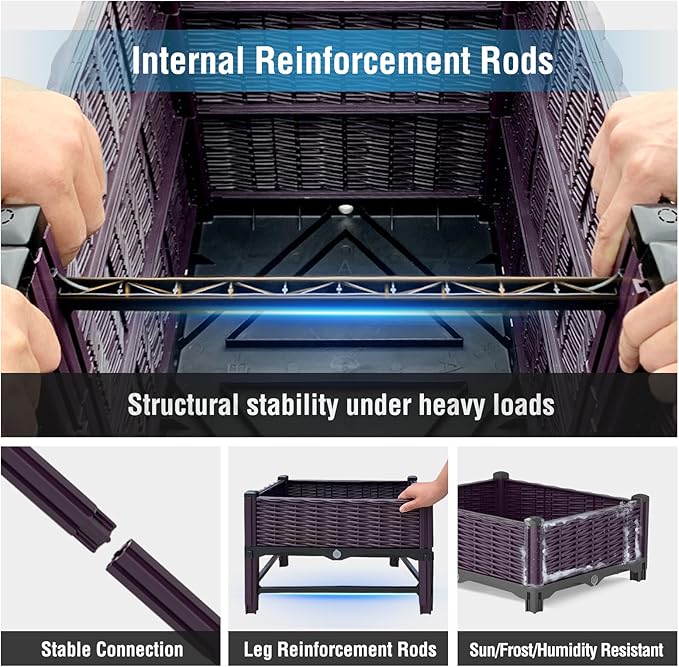 Raised Garden Bed with Reinforcement Rods Elevated Planter Boxes for Outdoor Plants with Drainage Holes for Flowers Vegetables Herbs Patio Backyard Deck Balcony, Purple 47.2x15.7x19.3 in