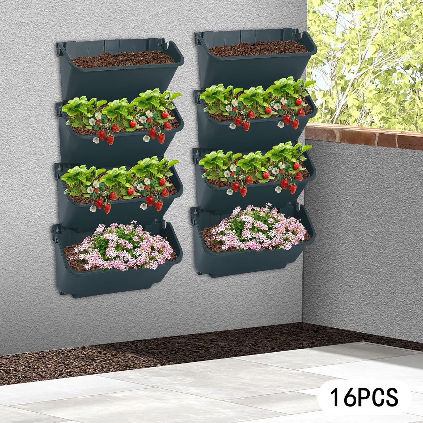 16-Pot Vertical Wall Planter, Self-Watering Stackable Planters for Indoor & Outdoor Use, Perfect for Herbs, Flowers & Vegetables (16, Green)