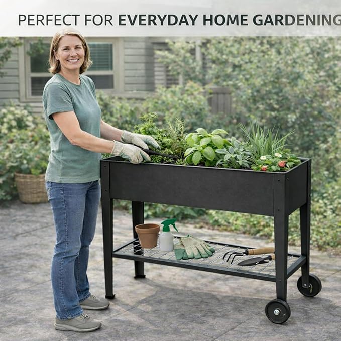 InSideOut Elevated 40" Raised Garden Bed Outdoor with Wheels & Shelf for Mobility, Metal Planter Box for Vegetables/Herbs, Patio-Balcony-Backyard (Charcoal)