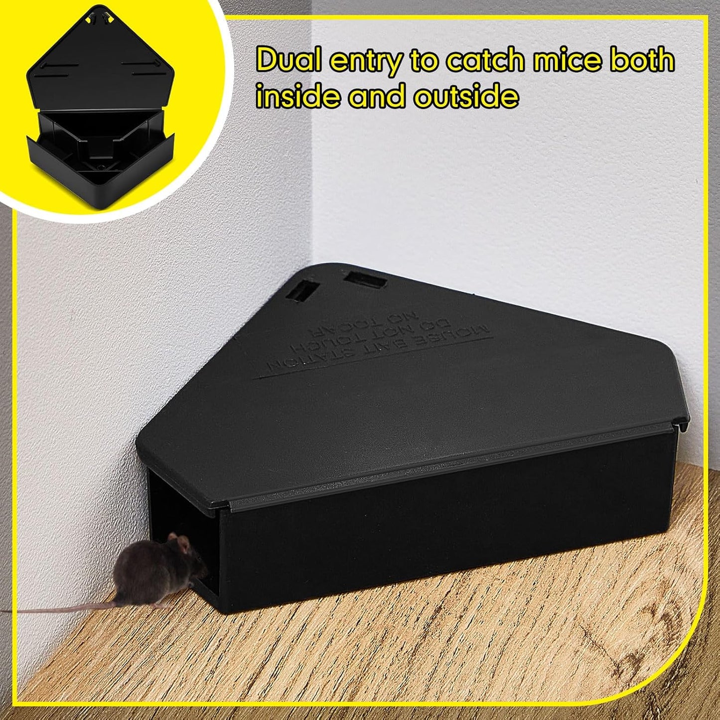 Qualirey 4 Pcs Mice Station with Key Triangle Bait Station Reusable Rodent Trap Bait Box, Keeps Children and Pets Safe Indoor & Outdoor, Bait Not Included, Suitable for Small Mice (Black)