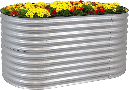 Sunnydaze 62.5-Inch Oval Raised Garden Bed Outdoor - Modular Raised Garden Bed with Rubber Edge Trim - Silver