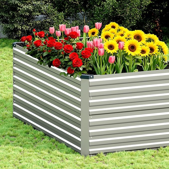 Vengarus 4x2x2FT Galvanized Raised Garden Bed Kit, Outdoor Metal Planter Box for Vegetables, Fruits,Herbs, and Succulents -120 Gallon Capacity,Silver