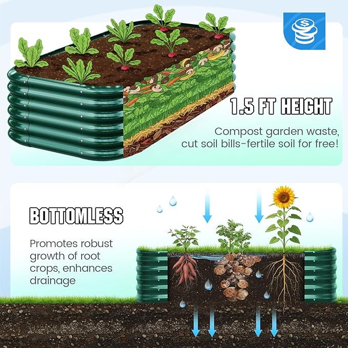 Quictent Galvanized Raised Garden Bed Kit, 6x3x1.5 ft Oval Metal Planter Box Tall for Vegetables Outdoor Backyard, Strengthened by Crossbar, Dark Green