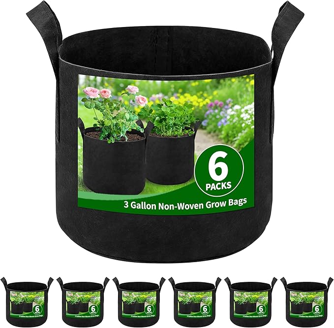 6 Pack 3 Gallon Grow Bags, Heavy Duty 300g Nonwoven Fabric Plant Pots with Reinforced Handles, Breathable Potato & Tomato Grow Bags for Vegetables, Peppers, Herbs - Black