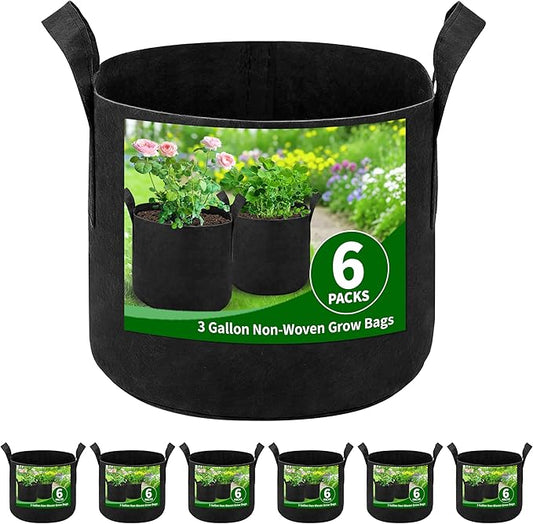 6 Pack 3 Gallon Grow Bags, Heavy Duty 300g Nonwoven Fabric Plant Pots with Reinforced Handles, Breathable Potato & Tomato Grow Bags for Vegetables, Peppers, Herbs - Black
