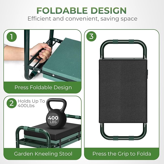 Walensee Foldable Garden Kneeler and Seat with Cross-Body Tool Bag & Removable Tool Pouch, Heavy Duty Garden Stool with Soft Leather Kneeling Pad, No Assembly, Ideal Gardening Gift for Women & Men