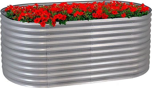 Sunnydaze 79-Inch Oval Raised Garden Bed - Stackable Steel Vegetable Flower Bed Planter Kit with Rubber Edge Trim - Silver