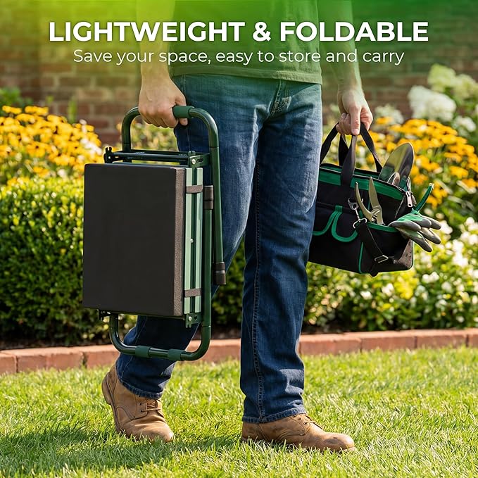 Walensee Foldable Garden Kneeler and Seat with Cross-Body Tool Bag & Removable Tool Pouch, Heavy Duty Garden Stool with Soft Leather Kneeling Pad, No Assembly, Ideal Gardening Gift for Women & Men