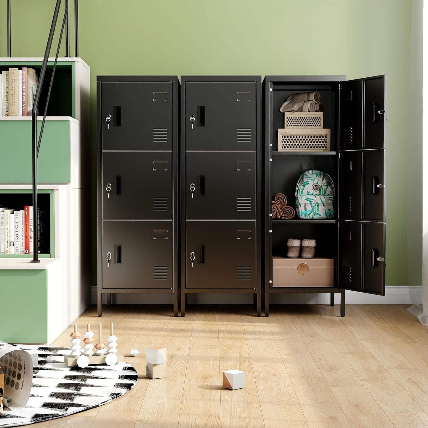 47.3" H*15.8" W*15.8" D Metal Storage Locker for Employees,3 Doors Employee Lockers with Adjustable Feet,Steel Home Office Storage Cabinet for School Gym Home Office, Assembly Required,Black