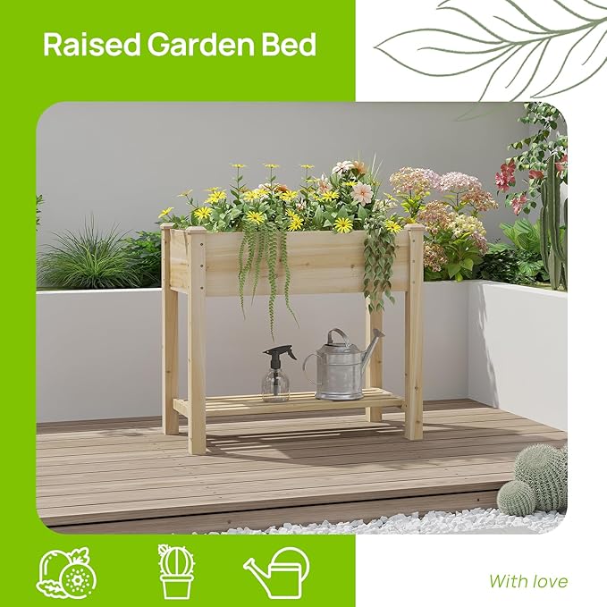 Wooden Raised Garden Bed with Legs, Wood Raised Garden Bed with Storage Shelf, 34x18x30.7in, Elevated Planter Box for Vegetables Flowers Herbs, Garden Planter for Backyard Patio Balcony (Natural, S)
