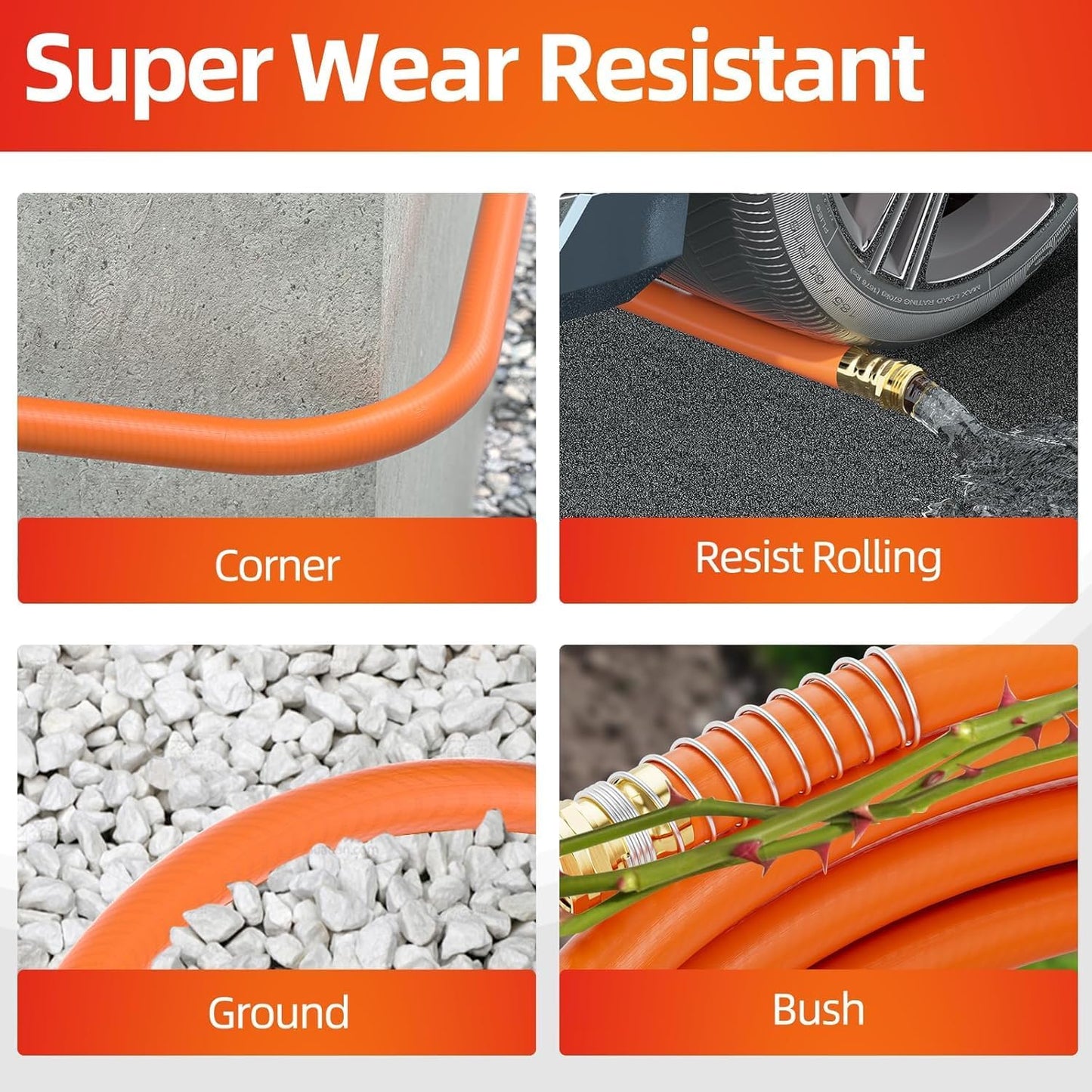 Garden Water Hose 150 ft x 3/4 in Heavy Duty, Flexible and Lightweight, Burst 600 psi, Kink-less Hybrid Rubber Pipe for Backyard, 3/4'' Brass Fittings, Orange