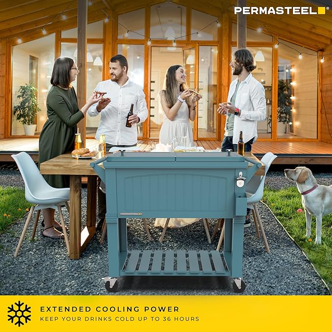 Permasteel Party Cooler with Divider, Spacious 80-Qt Capacity, Chills 36hrs, Serving Tray, Rolling Ice Chest for Indoor and Outdoor Entertainment, Matte Teal