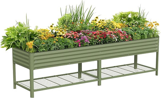 Elevated Raised Garden Bed- Jumbo Series, 2.5' x 10' Outdoor Planters Box with Legs & Storage Rack for Patio, 2000+ Lbs Weight Capacity, Raised Beds for Gardening Herbs Vegetables Flowers, Olive Green