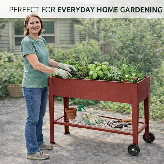 InSideOut Elevated 40" Raised Garden Bed Outdoor with Wheels & Shelf for Mobility, Metal Planter Box for Vegetables/Herbs, Patio-Balcony-Backyard (Red)