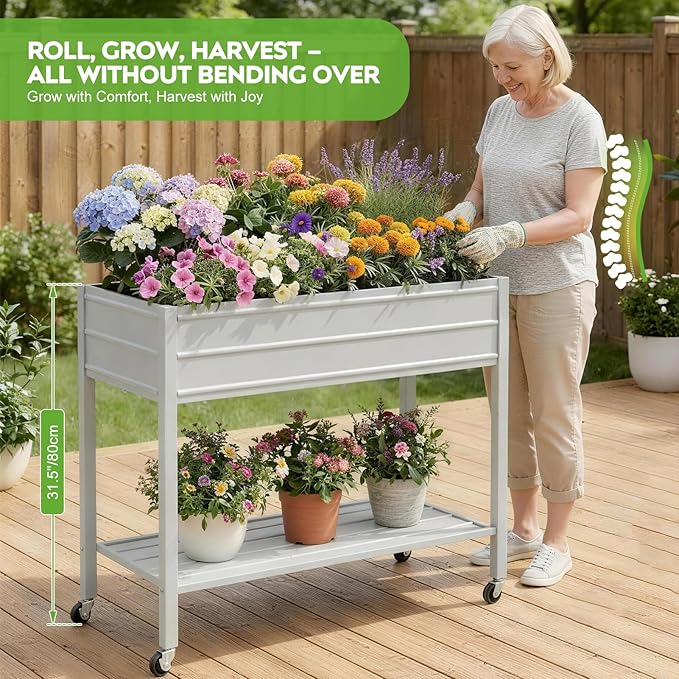 ZORMY 32" Tall Galvanized Raised Garden Bed with Legs Wheels & Shelf, Elevated Planter Box Outdoor for Vegetables, Herbs & Flowers, Patio & Backyard, Garden Bed with 400lb Capacity，Grey