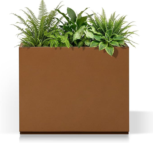Tall Rectangular Planter Box, Metal Large Planters for Outdoor Plants, Flowers, with Drainage Holes (30" L x 12" W x 24" H, Brown)
