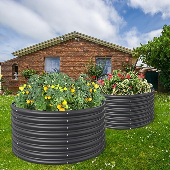 FRIZIONE 2-Pack 3FT(D) x2FT(H) Round Raised Garden Bed Outdoor, Raised Garden Beds for Flower, Raised Planter Box Outdoor for Herb, Vegetable-Gray