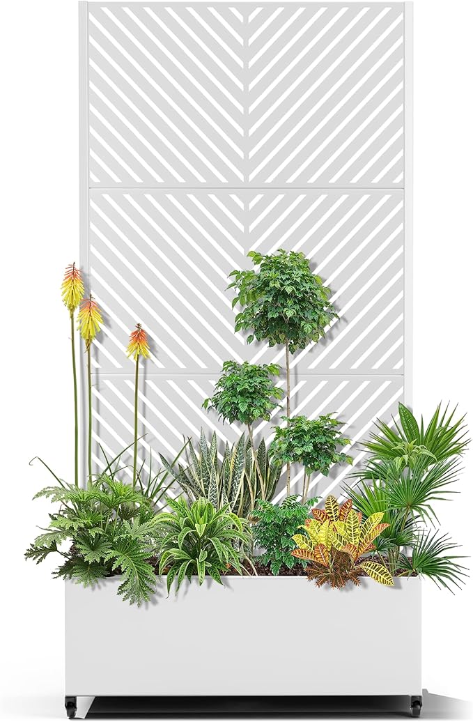 15.7"×70.9"×35.4" Metal Raised Garden Bed with Trellis and Wheels - Tall Trellis Planter Box for Climbing Plants, Vegetables & Vines - Outdoor Privacy Planters for Patio (White-Parallel)