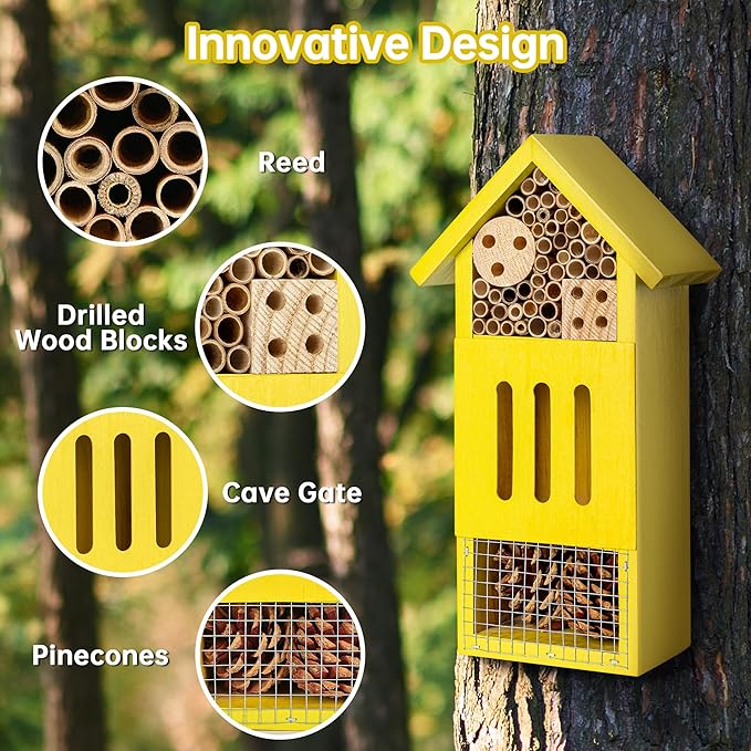 Bee House Bug Hotel & Butterfly House, Handcrafted Wooden Ladybug House, Natural Insect Habitat for Garden, Patio, or Yard, Durable Pine Wood, Attracts Pollinators, 10.4 x 5.5 x 3.2 Inches