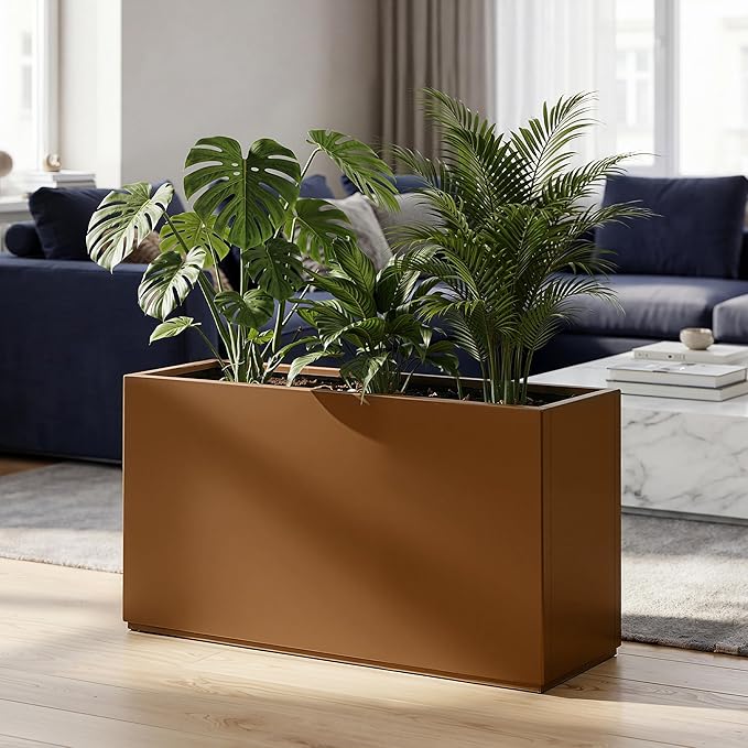 Large Metal Planter Box for Indoor & Outdoor Plants, Flowers, Rectangular Planters with Drainage Holes for Patio, Front Porch, All-Weather Use (32" L x 10" W x 16" H, Brown)